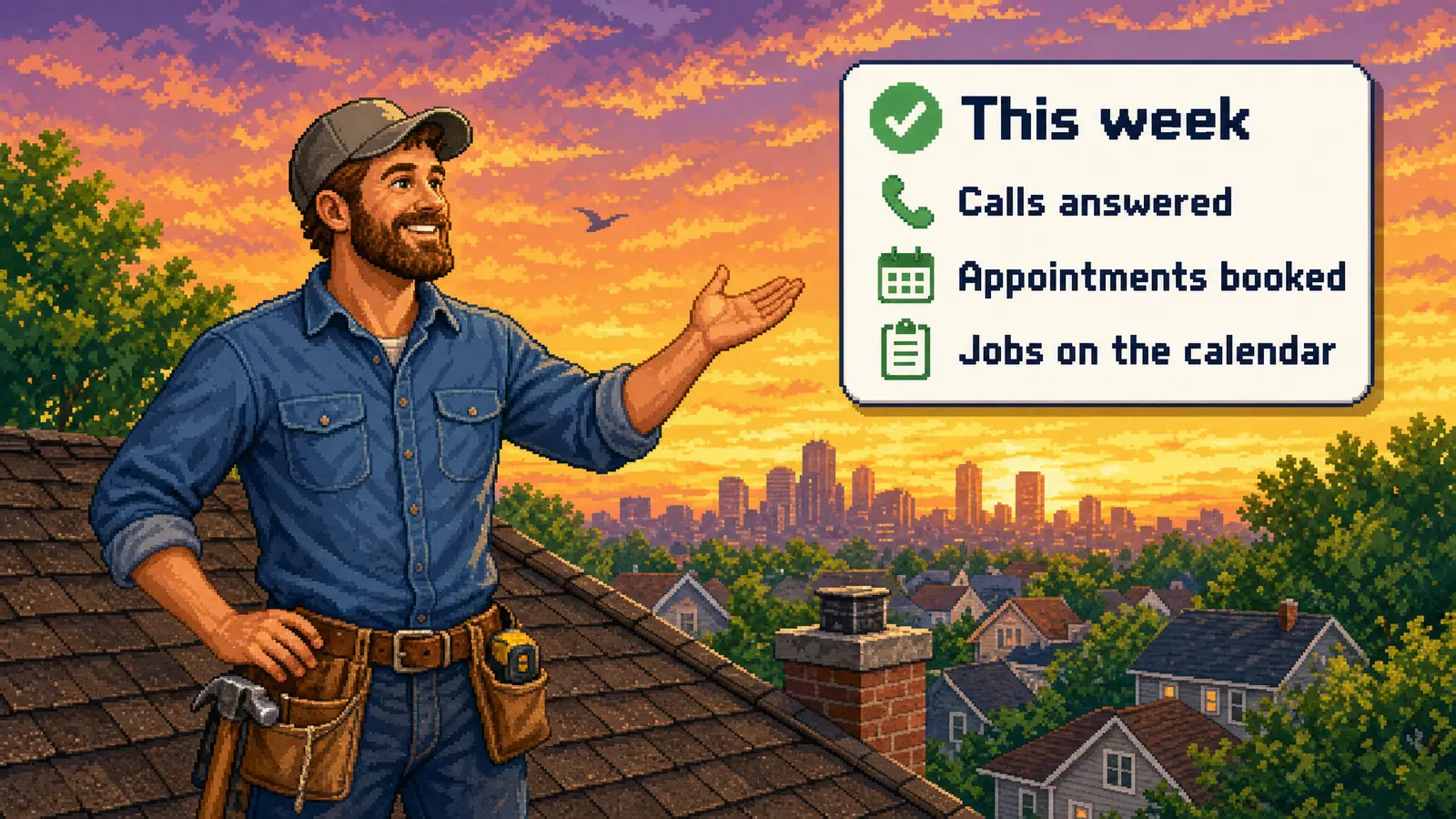 Pixel art: a roofer on a finished roof at sunset presents his week: calls answered, appointments booked, jobs on the calendar